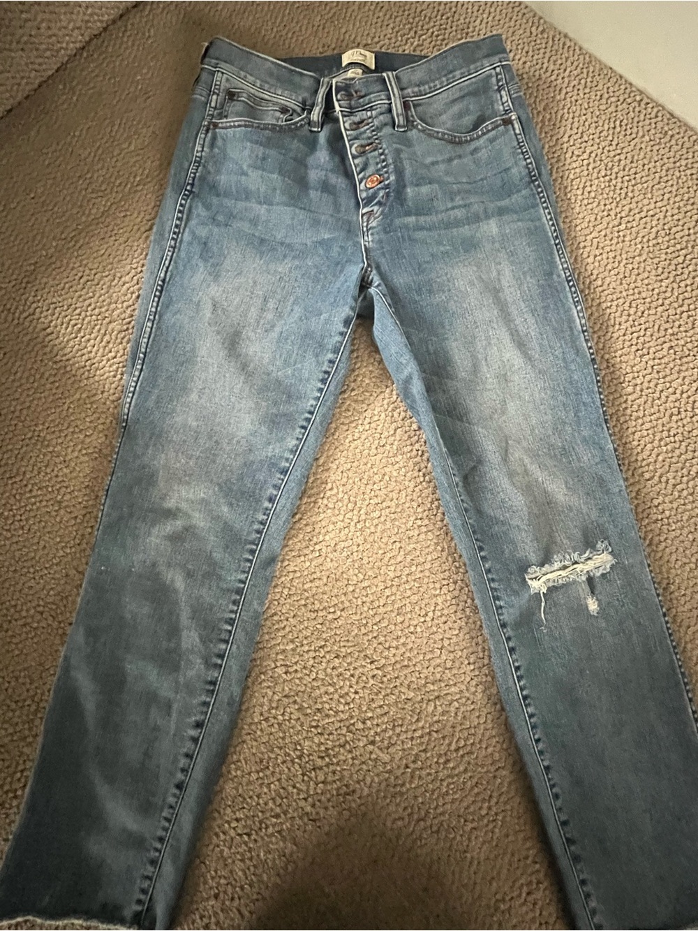 J. Crew Skinny Button-Fly Jeans in Faded Blue with Knee Distress